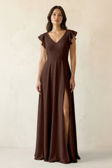 V - Neck Ruffled A - Line Chiffon Bridesmaid Dress in Espresso - KISS BRIDAL Bridesmaid Dresses