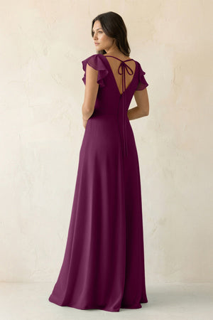 V - Neck Ruffled A - Line Chiffon Bridesmaid Dress in Fig - SHE IS ME Bridesmaid Dresses