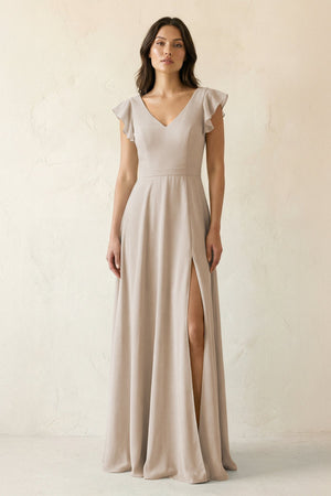 V - Neck Ruffled A - Line Chiffon Bridesmaid Dress in Frost - SHE IS ME Bridesmaid Dresses