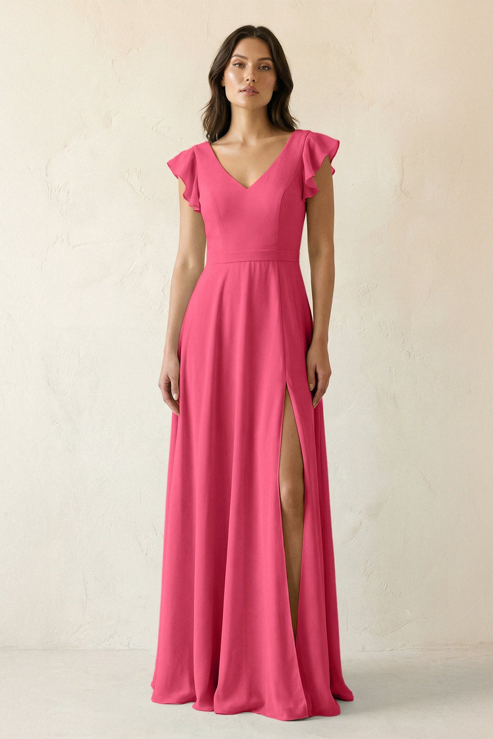 V - Neck Ruffled A - Line Chiffon Bridesmaid Dress in Fuchsia - SHE IS ME Bridesmaid Dresses