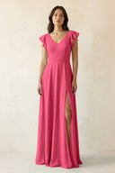 V - Neck Ruffled A - Line Chiffon Bridesmaid Dress in Fuchsia - SHE IS ME Bridesmaid Dresses