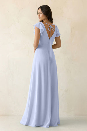 V - Neck Ruffled A - Line Chiffon Bridesmaid Dress in Ice - SHE IS ME Bridesmaid Dresses