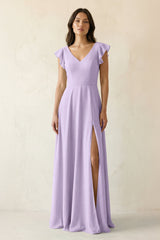 V - Neck Ruffled A - Line Chiffon Bridesmaid Dress in Lavender - KISS BRIDAL Bridesmaid Dresses
