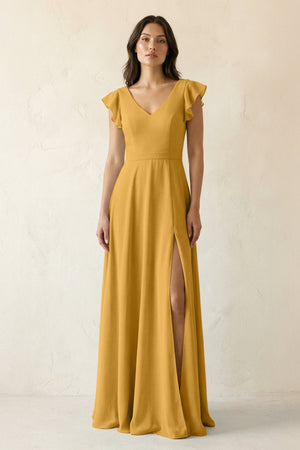 V - Neck Ruffled A - Line Chiffon Bridesmaid Dress in Marigold - SHE IS ME Bridesmaid Dresses
