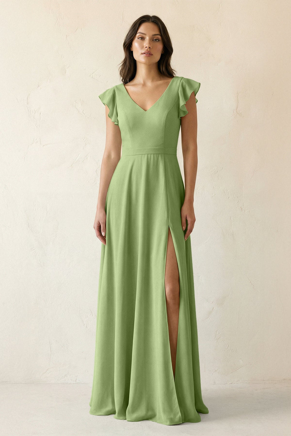 V - Neck Ruffled A - Line Chiffon Bridesmaid Dress in Matcha - SHE IS ME Bridesmaid Dresses