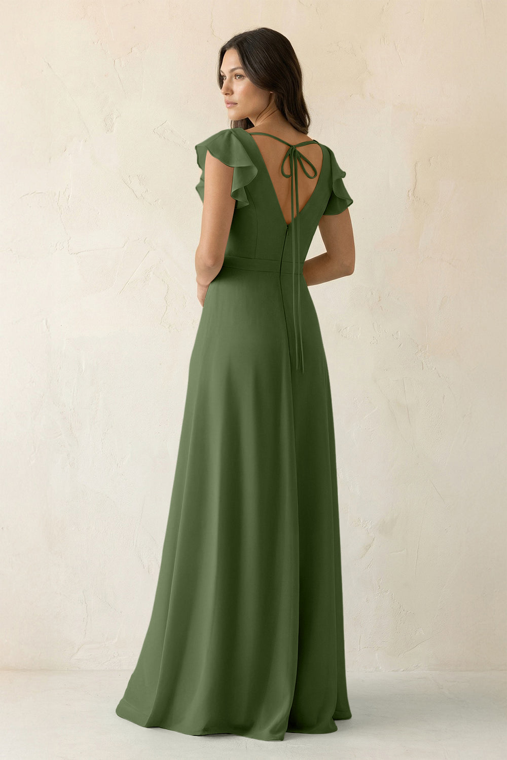 V-Neck Ruffled A-Line Chiffon Bridesmaid Dress in Moss