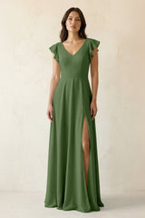 V - Neck Ruffled A - Line Chiffon Bridesmaid Dress in Moss - KISS BRIDAL Bridesmaid Dresses