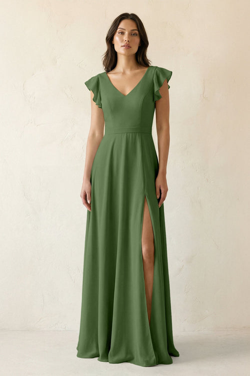 V - Neck Ruffled A - Line Chiffon Bridesmaid Dress in Moss - SHE IS ME Bridesmaid Dresses
