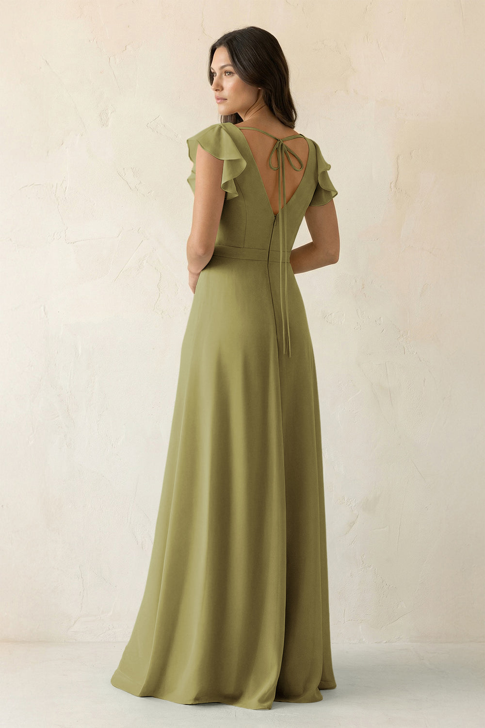 V-Neck Ruffled A-Line Chiffon Bridesmaid Dress in Moss Green