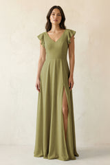 V-Neck Ruffled A-Line Chiffon Bridesmaid Dress in Moss Green | KISSBRIDAL