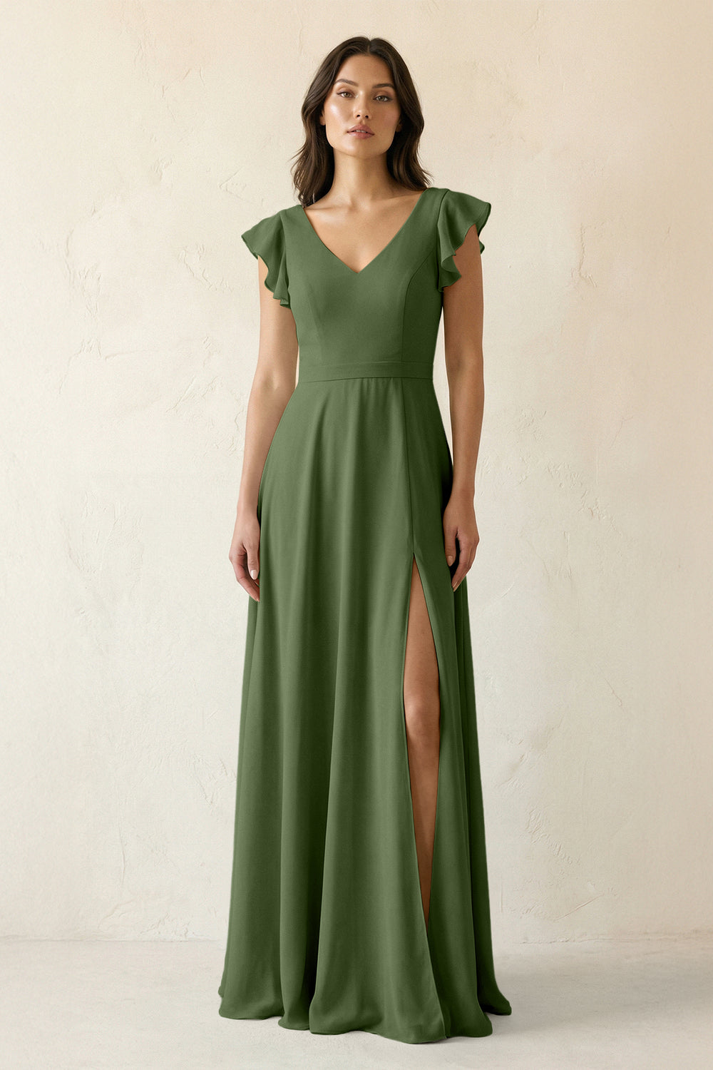 V-Neck Ruffled A-Line Chiffon Bridesmaid Dress in Moss