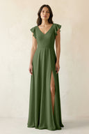 V-Neck Ruffled A-Line Chiffon Bridesmaid Dress in Moss | KISSBRIDAL