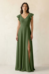V-Neck Ruffled A-Line Chiffon Bridesmaid Dress in Moss | KISSBRIDAL