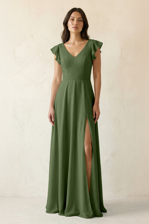 V-Neck Ruffled A-Line Chiffon Bridesmaid Dress in Moss | KISSBRIDAL