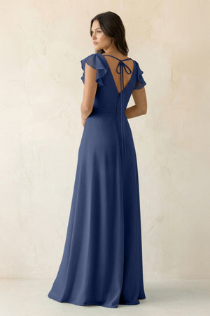 V - Neck Ruffled A - Line Chiffon Bridesmaid Dress in Navy - SHE IS ME Bridesmaid Dresses