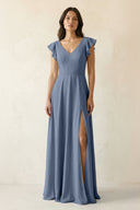 V - Neck Ruffled A - Line Chiffon Bridesmaid Dress in Neptune - SHE IS ME Bridesmaid Dresses
