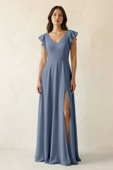 V - Neck Ruffled A - Line Chiffon Bridesmaid Dress in Neptune - KISS BRIDAL Bridesmaid Dresses