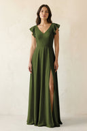 V - Neck Ruffled A - Line Chiffon Bridesmaid Dress in Olive - SHE IS ME Bridesmaid Dresses