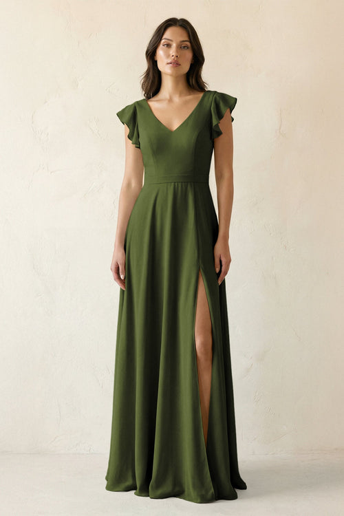 V - Neck Ruffled A - Line Chiffon Bridesmaid Dress in Olive - SHE IS ME Bridesmaid Dresses