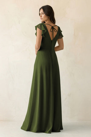 V - Neck Ruffled A - Line Chiffon Bridesmaid Dress in Olive - SHE IS ME Bridesmaid Dresses