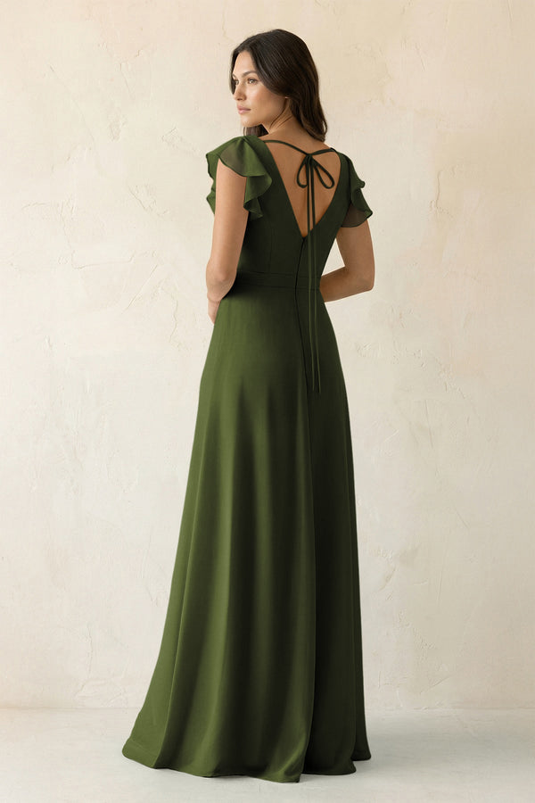 V - Neck Ruffled A - Line Chiffon Bridesmaid Dress in Olive - SHE IS ME Bridesmaid Dresses