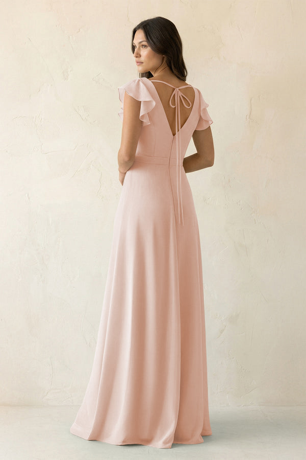 V - Neck Ruffled A - Line Chiffon Bridesmaid Dress in Pale Blush - SHE IS ME Bridesmaid Dresses