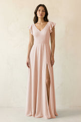 V - Neck Ruffled A - Line Chiffon Bridesmaid Dress in Pale Blush - KISS BRIDAL Bridesmaid Dresses