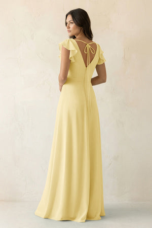 V - Neck Ruffled A - Line Chiffon Bridesmaid Dress in Pastel Yellow - SHE IS ME Bridesmaid Dresses