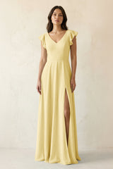 V - Neck Ruffled A - Line Chiffon Bridesmaid Dress in Pastel Yellow - KISS BRIDAL Bridesmaid Dresses