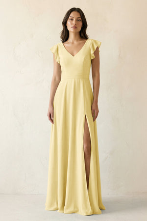 V - Neck Ruffled A - Line Chiffon Bridesmaid Dress in Pastel Yellow - SHE IS ME Bridesmaid Dresses