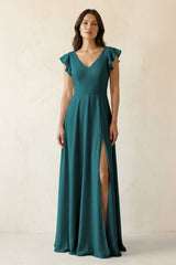 V - Neck Ruffled A - Line Chiffon Bridesmaid Dress in Pine - KISS BRIDAL Bridesmaid Dresses