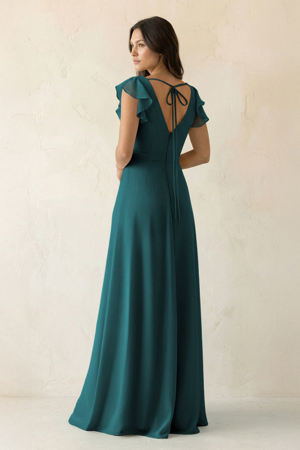 V - Neck Ruffled A - Line Chiffon Bridesmaid Dress in Pine - SHE IS ME Bridesmaid Dresses