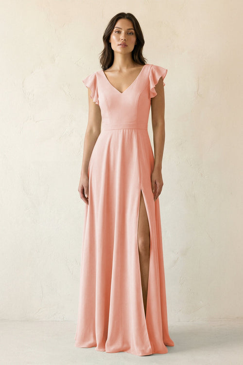 V - Neck Ruffled A - Line Chiffon Bridesmaid Dress in Rose Petal - SHE IS ME Bridesmaid Dresses