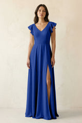 V - Neck Ruffled A - Line Chiffon Bridesmaid Dress in Royal Blue - KISS BRIDAL Bridesmaid Dresses