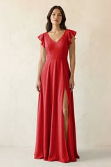V - Neck Ruffled A - Line Chiffon Bridesmaid Dress in Ruby Red - KISS BRIDAL Bridesmaid Dresses