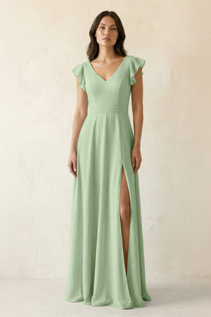 V - Neck Ruffled A - Line Chiffon Bridesmaid Dress in Sage - SHE IS ME Bridesmaid Dresses