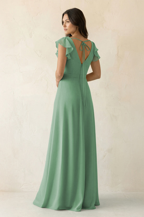 V - Neck Ruffled A - Line Chiffon Bridesmaid Dress in Sea Glass - SHE IS ME Bridesmaid Dresses