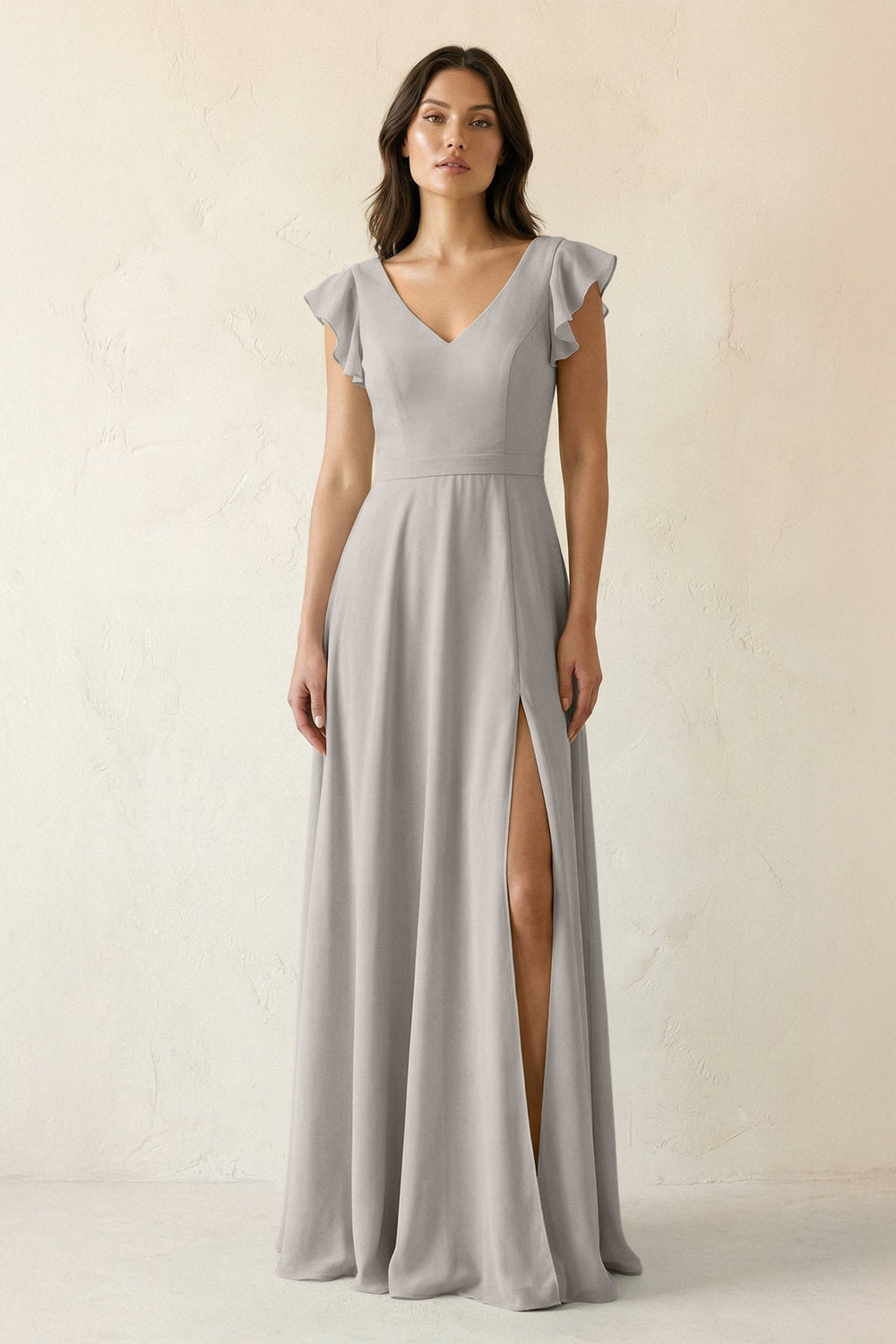 V - Neck Ruffled A - Line Chiffon Bridesmaid Dress in Silver - SHE IS ME Bridesmaid Dresses