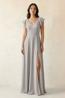 V - Neck Ruffled A - Line Chiffon Bridesmaid Dress in Silver - SHE IS ME Bridesmaid Dresses