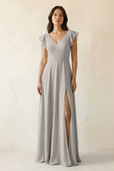 V - Neck Ruffled A - Line Chiffon Bridesmaid Dress in Silver - KISS BRIDAL Bridesmaid Dresses