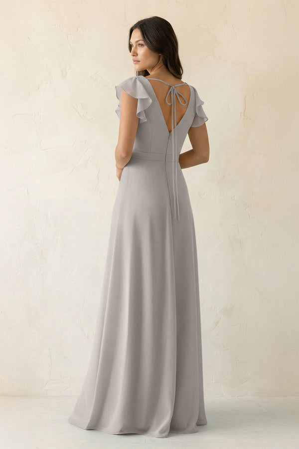 V - Neck Ruffled A - Line Chiffon Bridesmaid Dress in Silver - SHE IS ME Bridesmaid Dresses