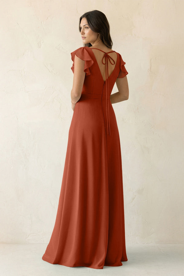 V - Neck Ruffled A - Line Chiffon Bridesmaid Dress in Spice - SHE IS ME Bridesmaid Dresses