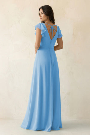 V - Neck Ruffled A - Line Chiffon Bridesmaid Dress in Steel Blue - SHE IS ME Bridesmaid Dresses
