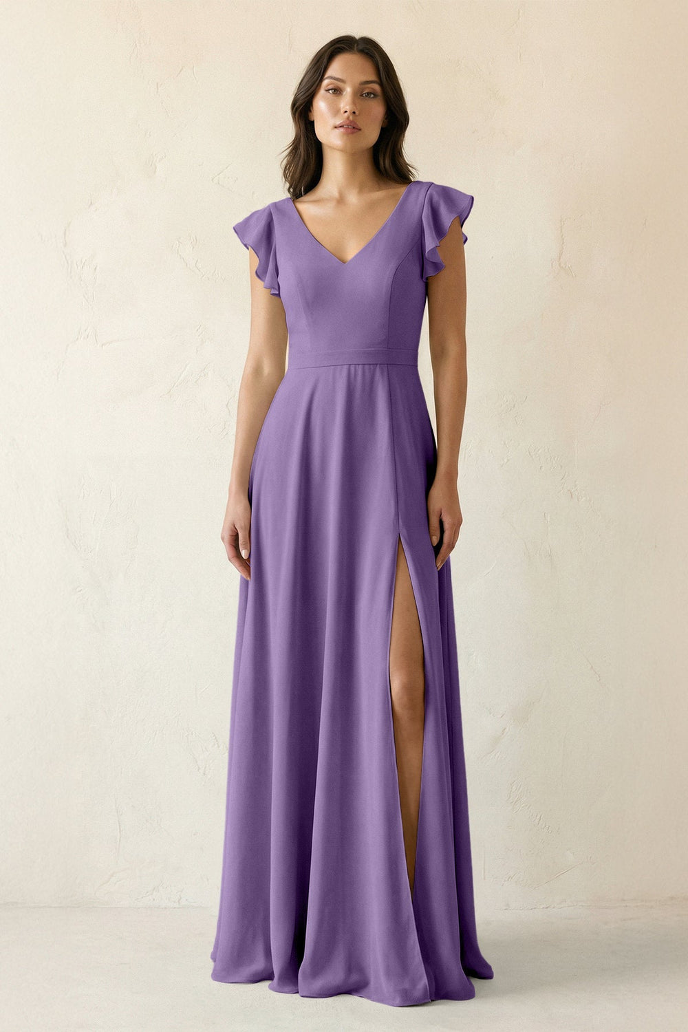 V - Neck Ruffled A - Line Chiffon Bridesmaid Dress in Tahiti - SHE IS ME Bridesmaid Dresses