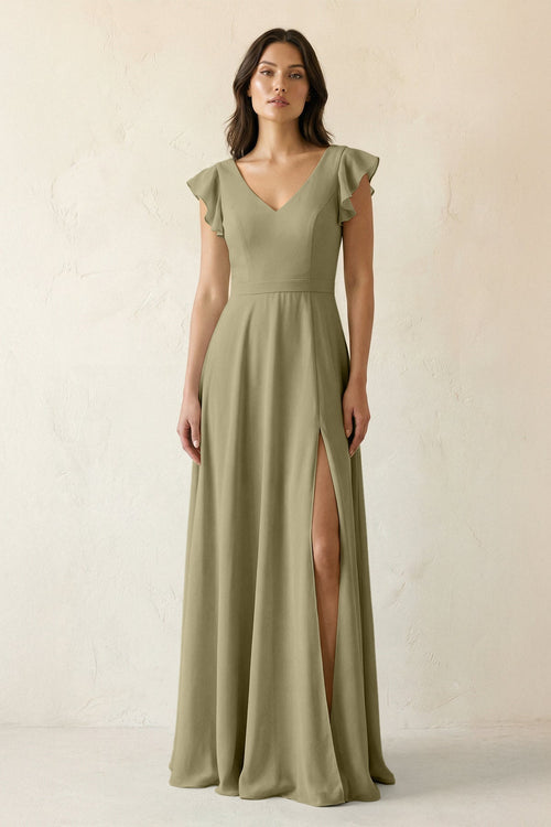 V - Neck Ruffled A - Line Chiffon Bridesmaid Dress in Thyme - SHE IS ME Bridesmaid Dresses