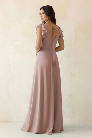 V-Neck Ruffled A-Line Chiffon Bridesmaid Dress in Toffee (2) | KISSBRIDAL