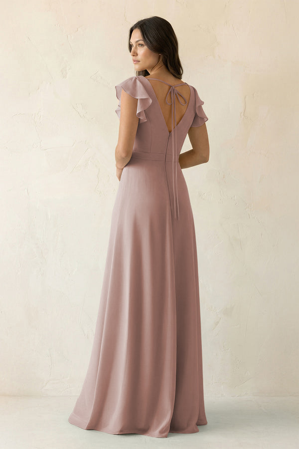 V-Neck Ruffled A-Line Chiffon Bridesmaid Dress in Toffee (2) | KISSBRIDAL