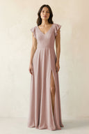 V - Neck Ruffled A - Line Chiffon Bridesmaid Dress in Toffee - SHE IS ME Bridesmaid Dresses