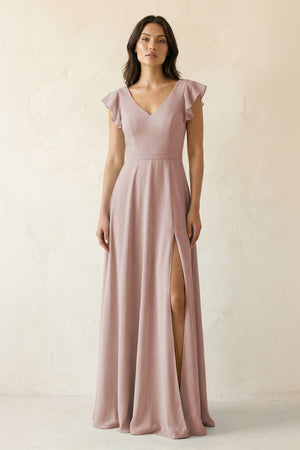 V - Neck Ruffled A - Line Chiffon Bridesmaid Dress in Toffee - SHE IS ME Bridesmaid Dresses