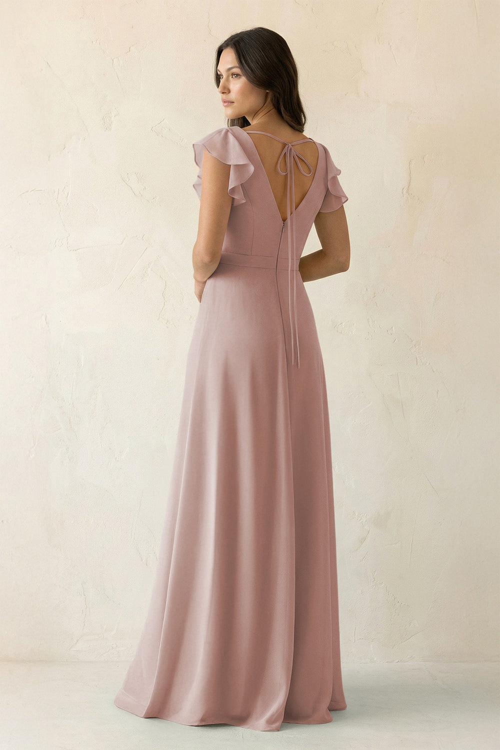 V - Neck Ruffled A - Line Chiffon Bridesmaid Dress in Toffee - SHE IS ME Bridesmaid Dresses